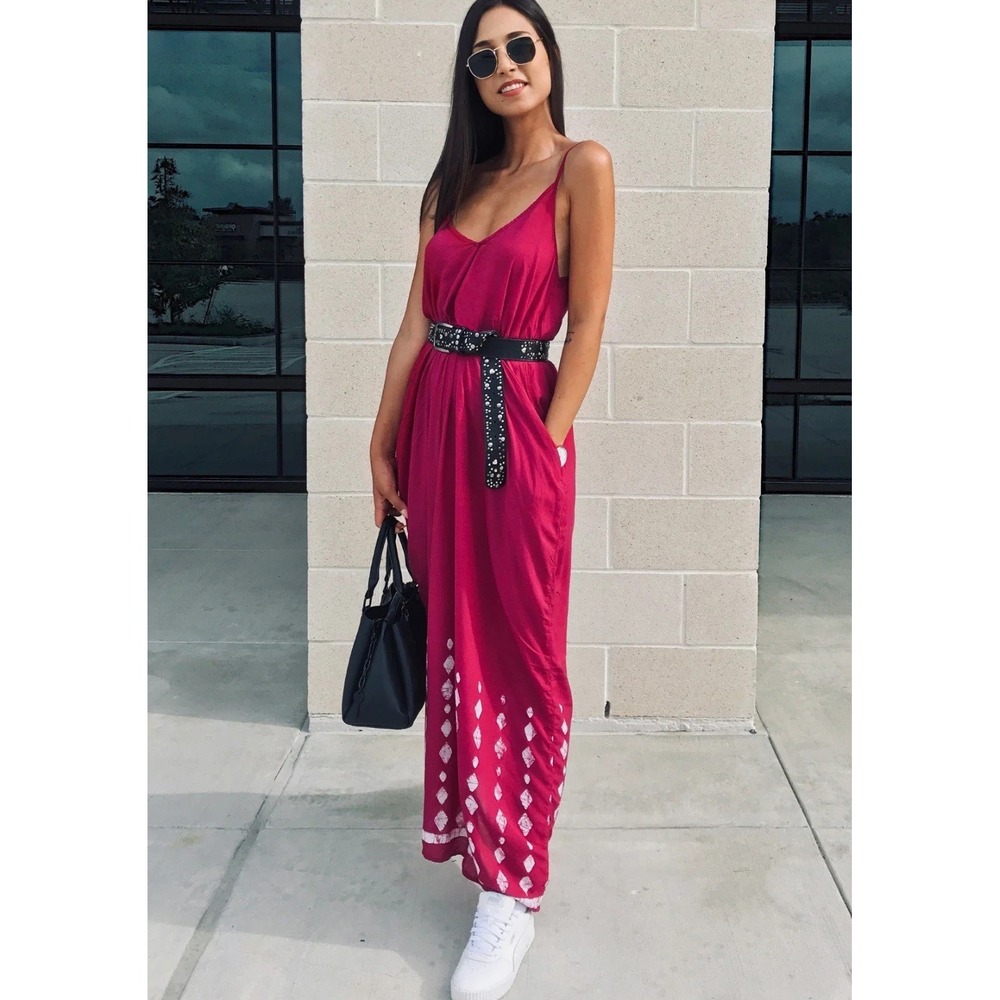 Lovestitch Mila Maxi Dress M L Burgundy NWT Boho Casual Pockets Flowy Chic